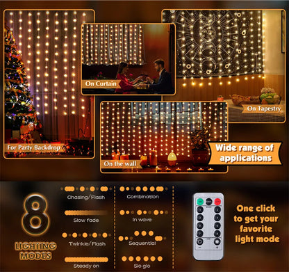 LED Fairy String Curtain Lights 8 Mode Remote USB