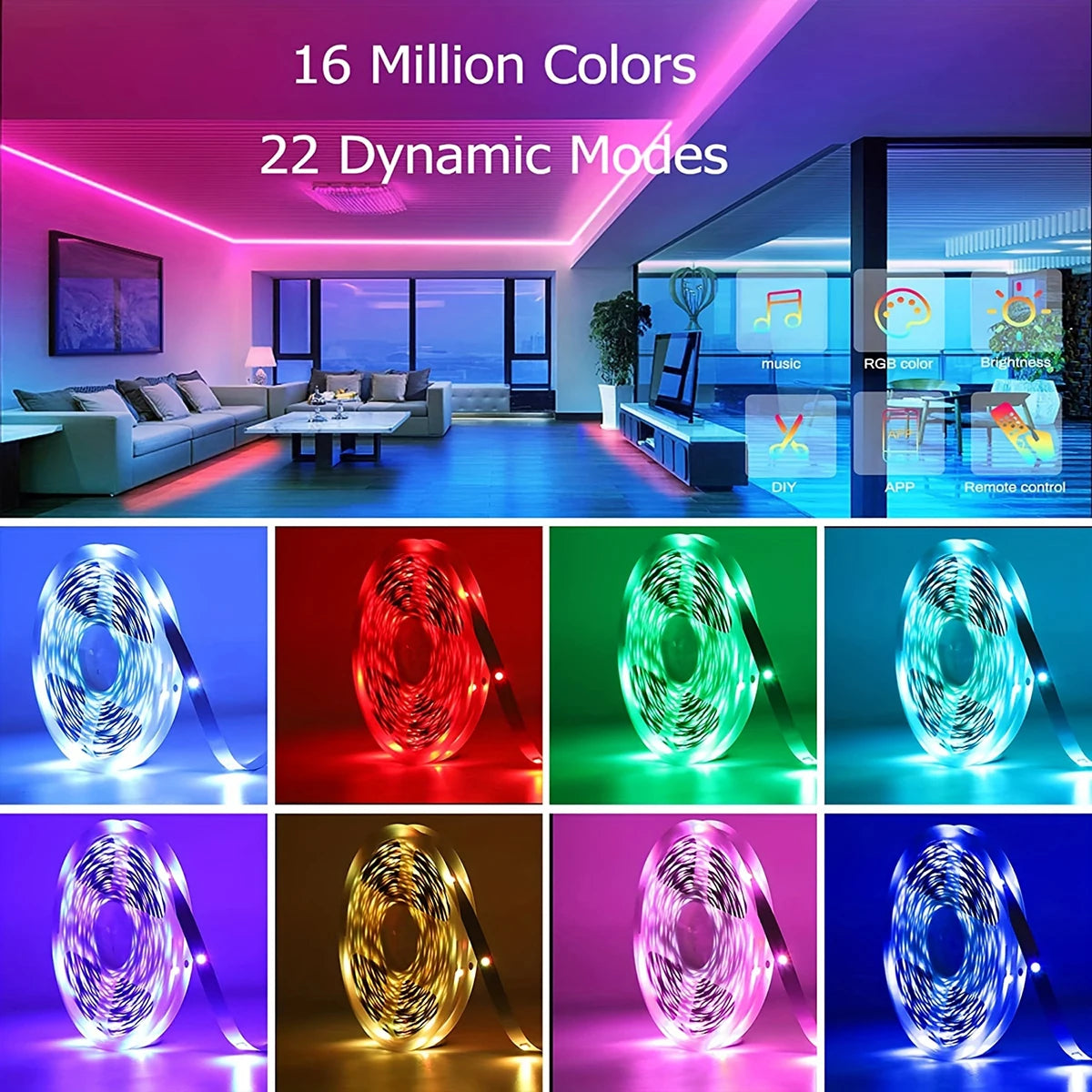 Led Lights for Room Music Sync RGB Led Strip Lights 10m 20m 30m Flexible Ribbon for Room Bedroom Decor